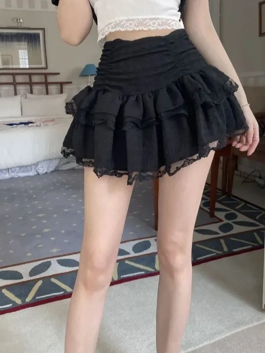 

Chic Lace Trim Ballet High Waist Skirt Women's Small Size Summer New Anti-Light ort Skirt Commute Sle A-Line Skirt