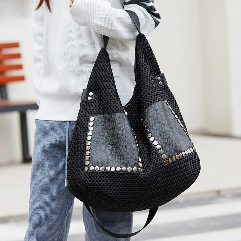 

Women's Black Mesh & Leather Panel Studded Hobo Bag | Edgy Streetwear Casual Daily Single Shoulder Crossbody Purse