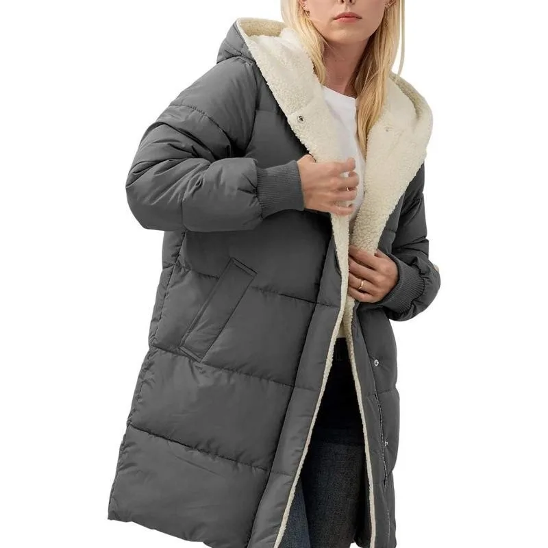 Women's Clothing Solid Warm Fleece Hooded Cotton Coat Long Sleeves Double-sided Velvet Slim Fit Elegant Cardigan Outerwear Top