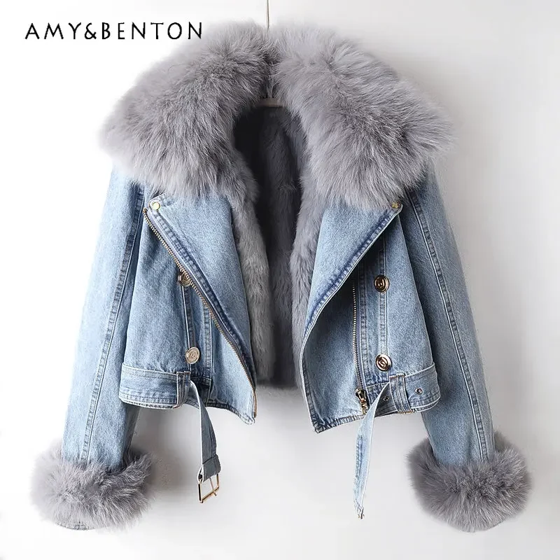 

2023 Autumn And Winter New Fox Fur Collar Rabbit Fur Liner Fashionable Small Denim Jacket Women's Clothing Short Top Zipper Coat