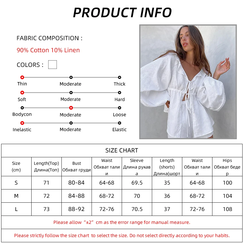 Casual Loose Pajamas Set Lantern Sleeve Shirt Suits Summer Cotton Shorts Ruffles Lace Up Tops Two Piece Sets White Outfits 2023