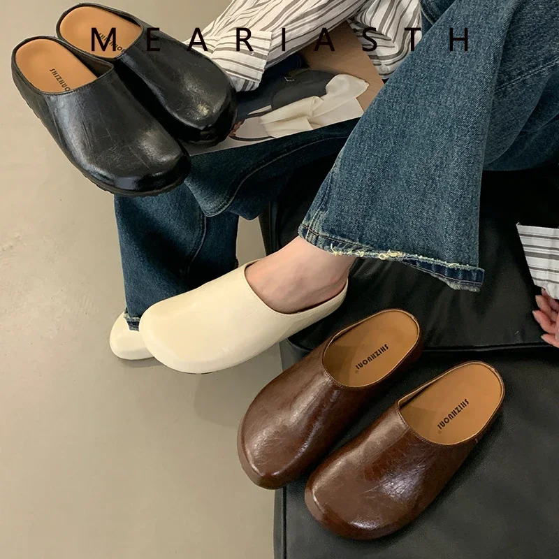 Med Shallow Shoes Slippers Flat Cover Toe Loafers Flock Slipers Women Platform Slides 2025 Summer Rubber PU Retro Fabric