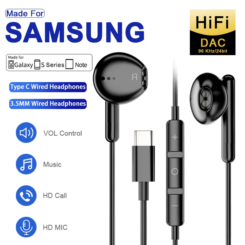 Type-C Wired Headphones For Samsung Galaxy S24 S23 S22 3.5MM in-Ear Headphone A53 A52 Note 20 USB-C Earphone HiFi Bass Stereo