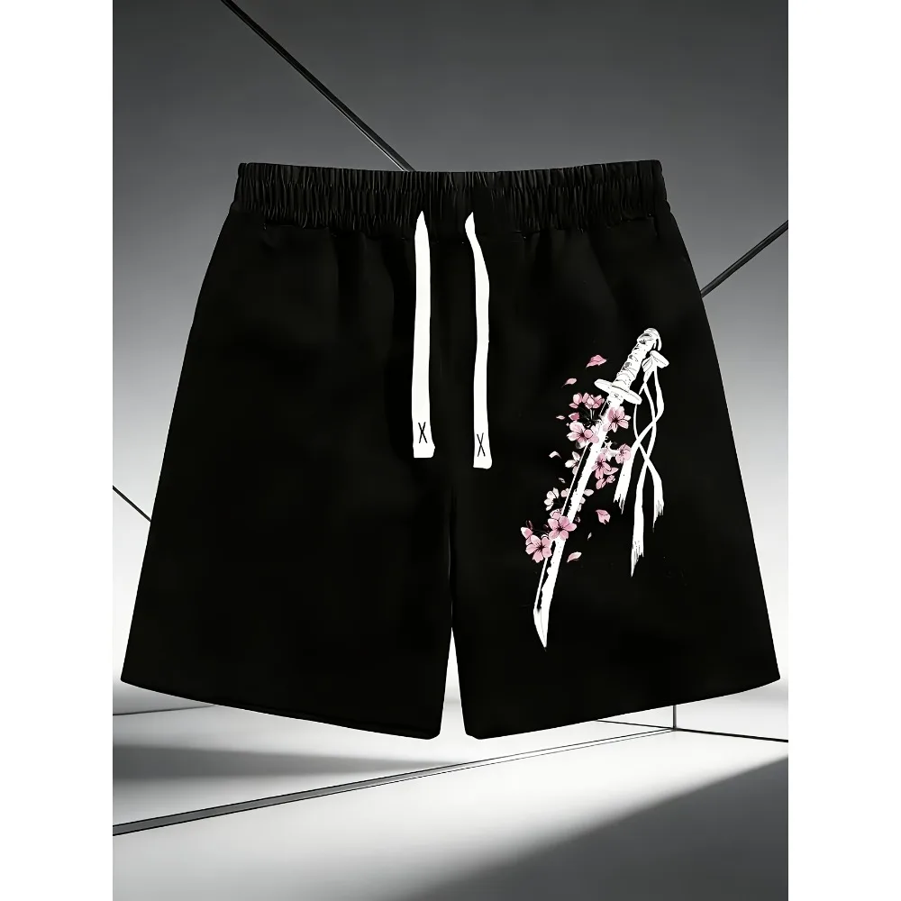 

Men's Sakura Warrior Sword Printed Summer Fitness Training Shorts Suitable for Both Men and Women