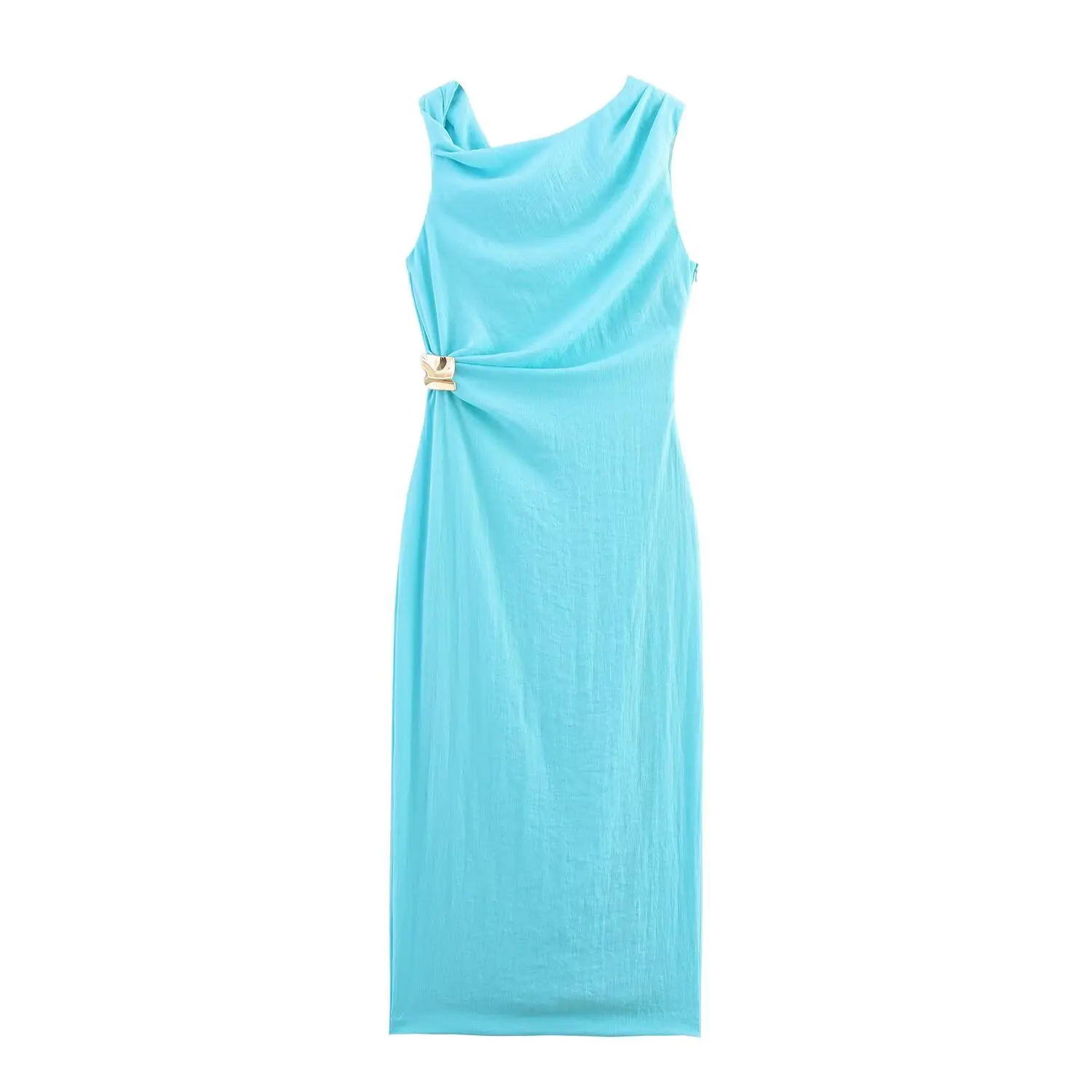 Elegantes asymmetrisches Midikleid für Damen, ärmellos, Goldverzierung, schmal, lang, Sommer, lässig, Abendkleid 8037392