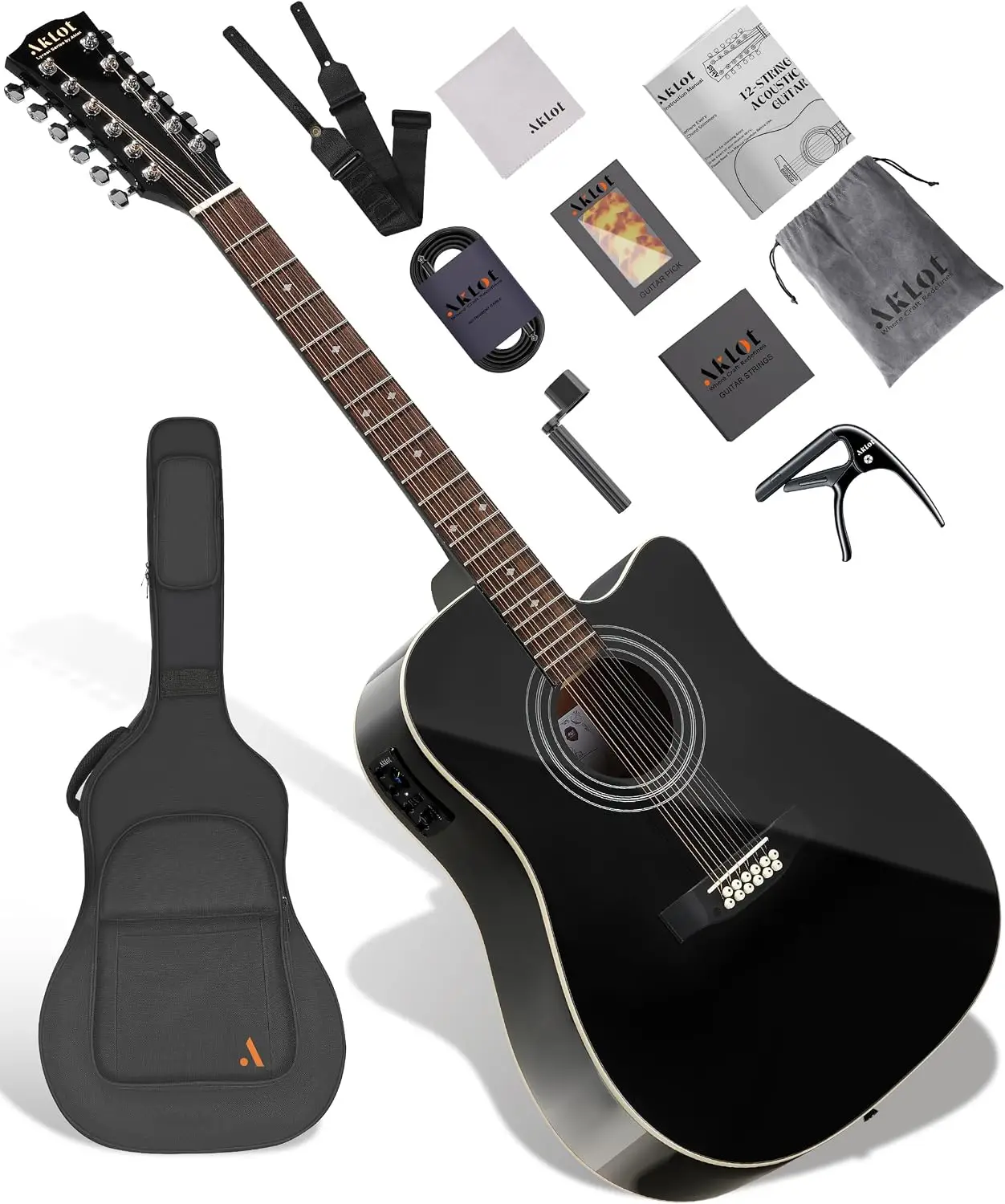 12-String Acoustic Electric Guitar, 41-Inch Cutaway Body, Spruce Top, Mahogany Back & Sides, Built-In Pickup, Deluxe Set with Guitar Bag, Cable, Capo, Strings & Picks