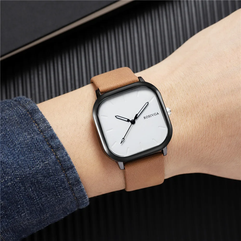 simple square dial PU leather quartz men business watch