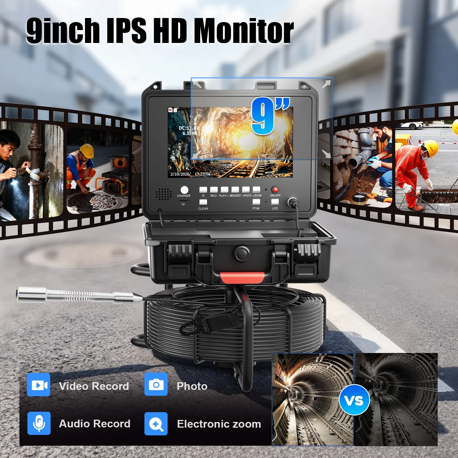9inch Sewer Pipe Inspection Camera Drain Sewer Pipeline Industrial Endoscope DVR Video Recording 20M Cable