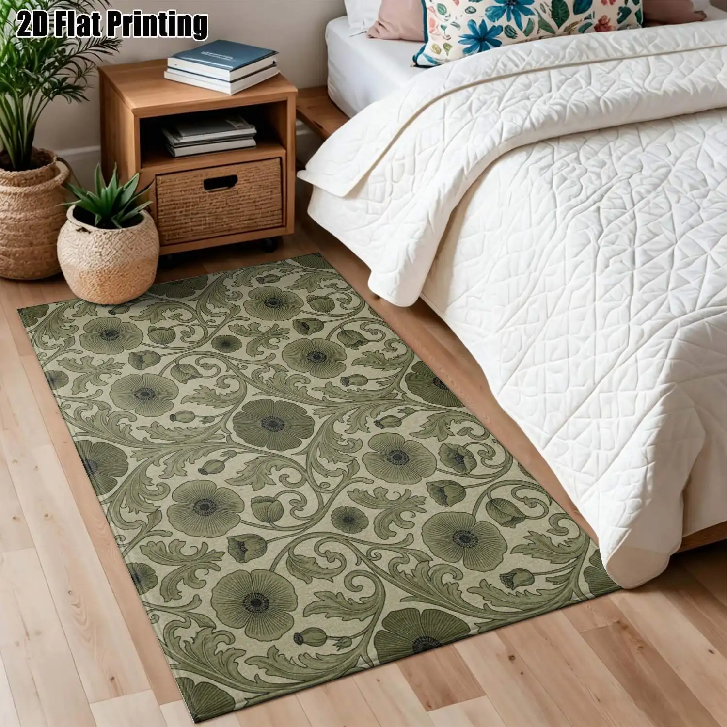 1Pc 2D Printed Carpet: Green Flower & Vine Pattern, European Vintage Simple Style, Multi-Size Machine Washable Home Decor Mat for Entrance, Dining Room, Foyer, Bedroom, Living Room