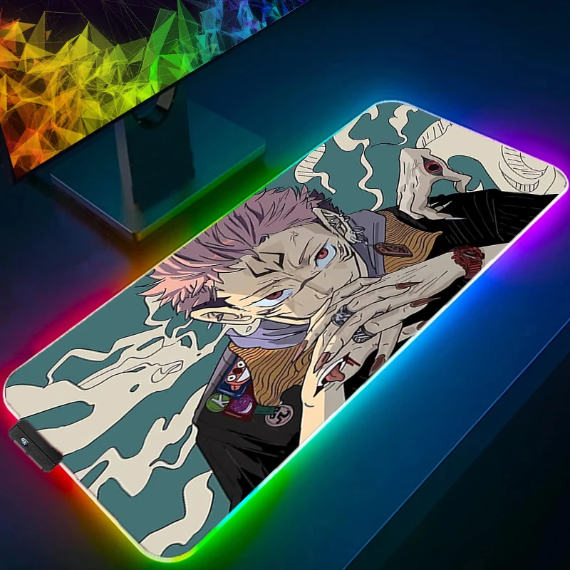 LED 마우스 패드 jujutsu Kaisen Sukuna 게이머 Decoracion 게이머 데스크 매트 RGB 마우스 패드 XXL 게임 액세서리 백라이트 키보드 매트