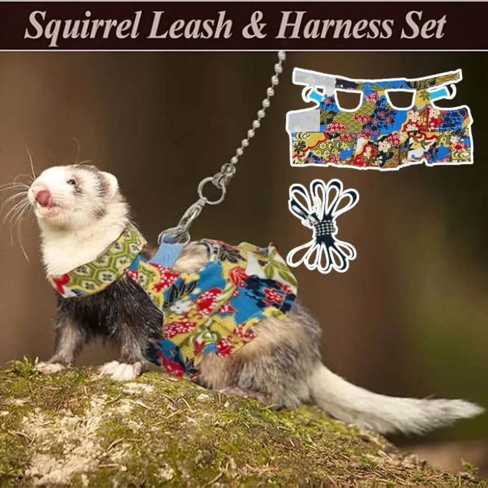 Multicolor Ferret Harness and Leash Set Traction Rope Floral Pattern Ferret Harness Vest Adjustable Strap Wear-resistant