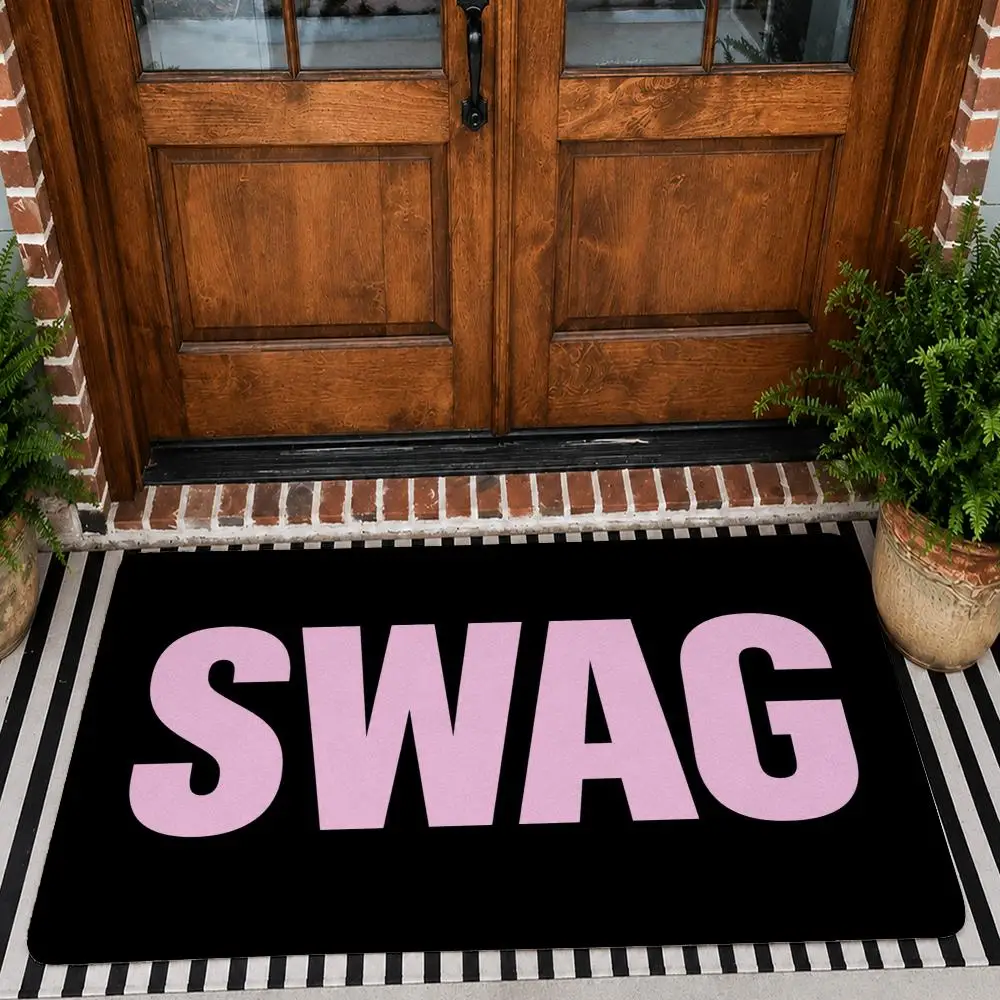 Trendy Swag Text Typography Floor Mat Flannel Rug Non Slip Absorbent Soft Washable For Entryway Hallway Bathroom Kitchen Decor