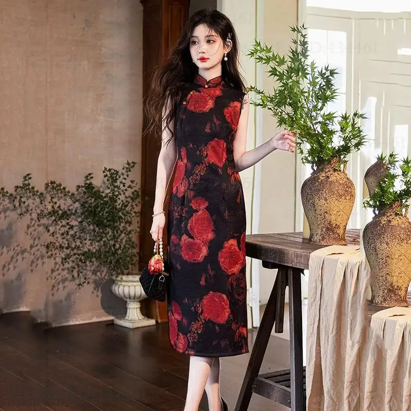 

Элегантное традиционное китайское платье, сексуальное длинное платье Cheongsam, винтажное черное, красное, с струящимся атласным принтом, женское платье Ципао, восточный костюм
