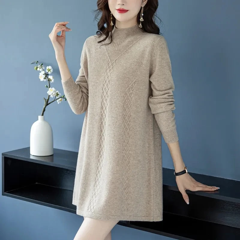 Jesienno-zimowy sweter damski Pullover Nowy koreański luźny sweter z długim rękawem Sweter z dzianiny Średniej długości swetry z dołem Odzież damska Topy