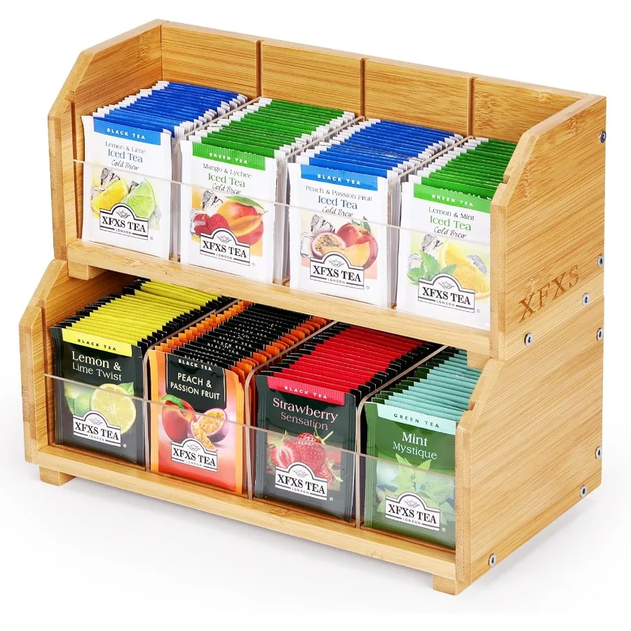 

Органайзер для чайных пакетиков, 2-слойный штабелируемый бамбуковый органайзер для чайных коробок, ящик для хранения, деревянный держатель с 8 отделениями, натуральное дерево, акрил
