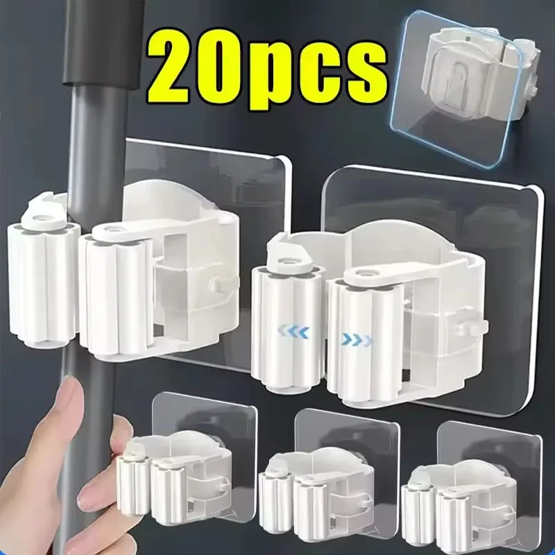 Mop Holder Storage Rack Bathroom Suction Hanging Pipe Traceless Mop Clip Broom Hanger Wall-Mounted Waterproof Rack White Amagi