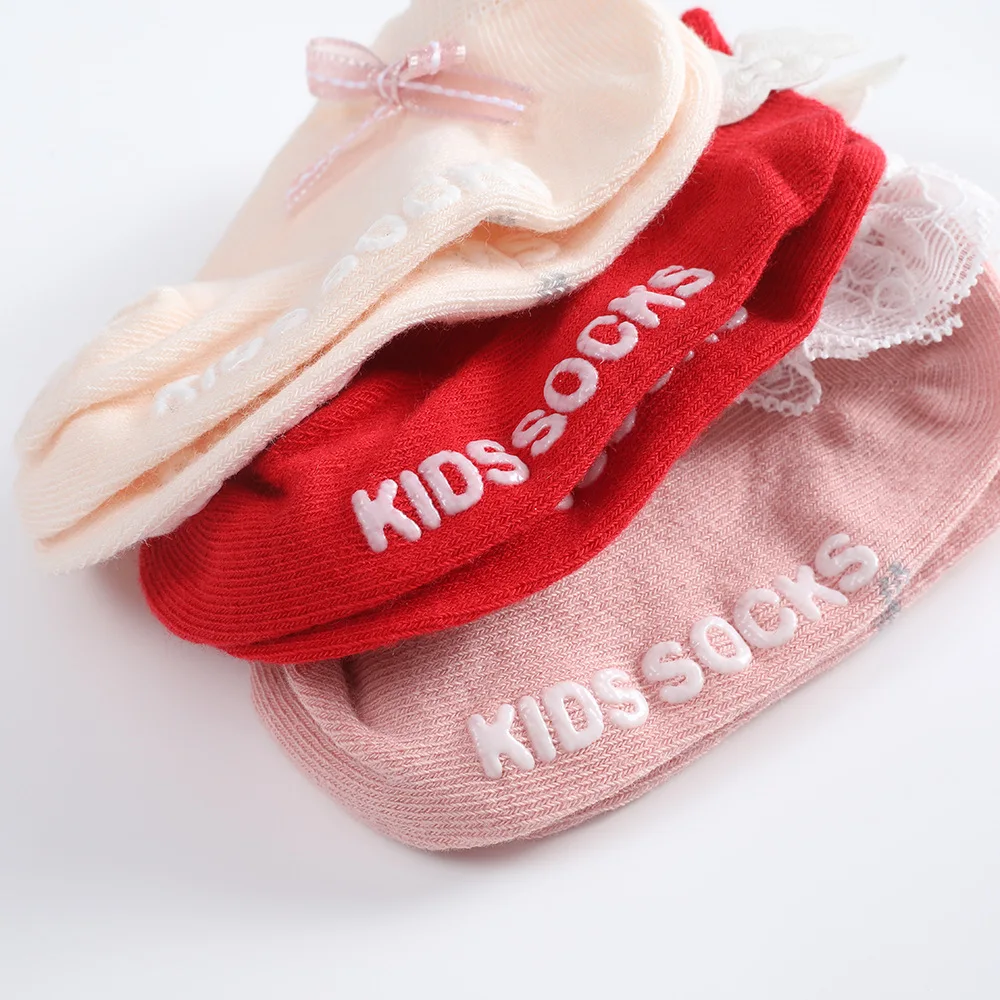 3pairs/set Spring Autumn Cotton Newborn Infant White Socks Baby Cartoon Princess Rubber with Ruffles Lace Anti-slip Floor Socks