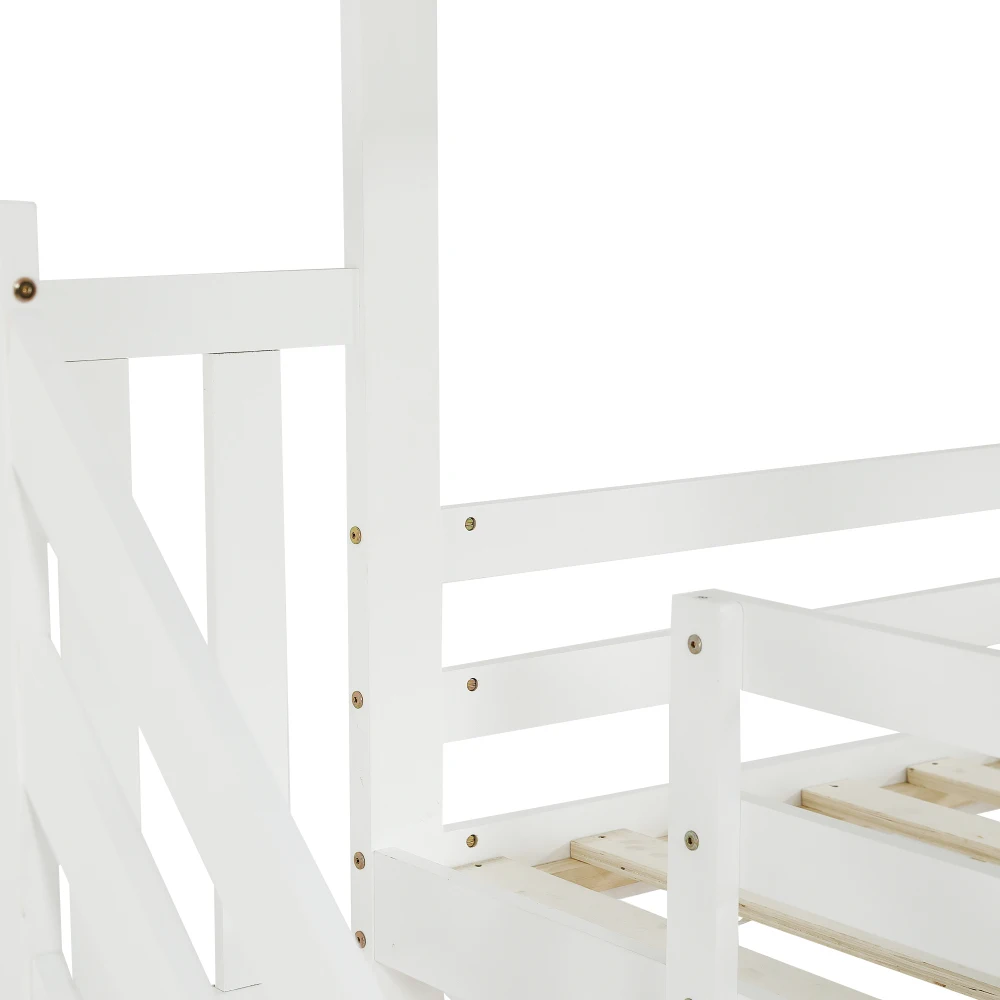 PINGGO Weißgraues Etagenbett 90x200cm mit Dachfenster, Leiter, Fallschirmgitter und 3 Staufächern aus Kiefern-MDF, ohne Matratze – Detail 23