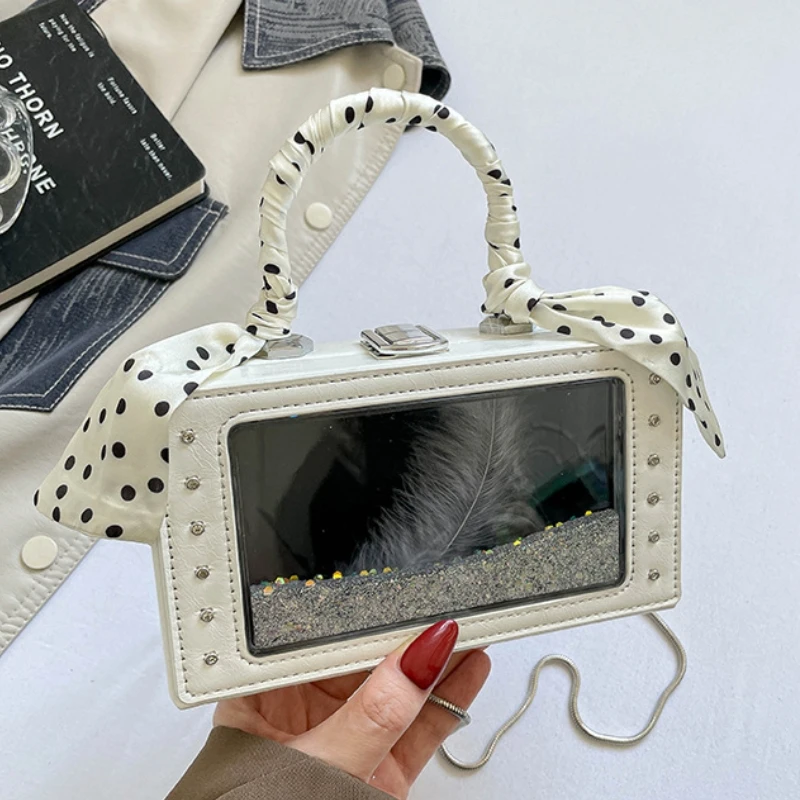 Fashionable Transparent PVC Sandcastle Square-shaped Handbag 2026 New Women's Dot-patterned Scarf Decoration Chain Shoulder Bag