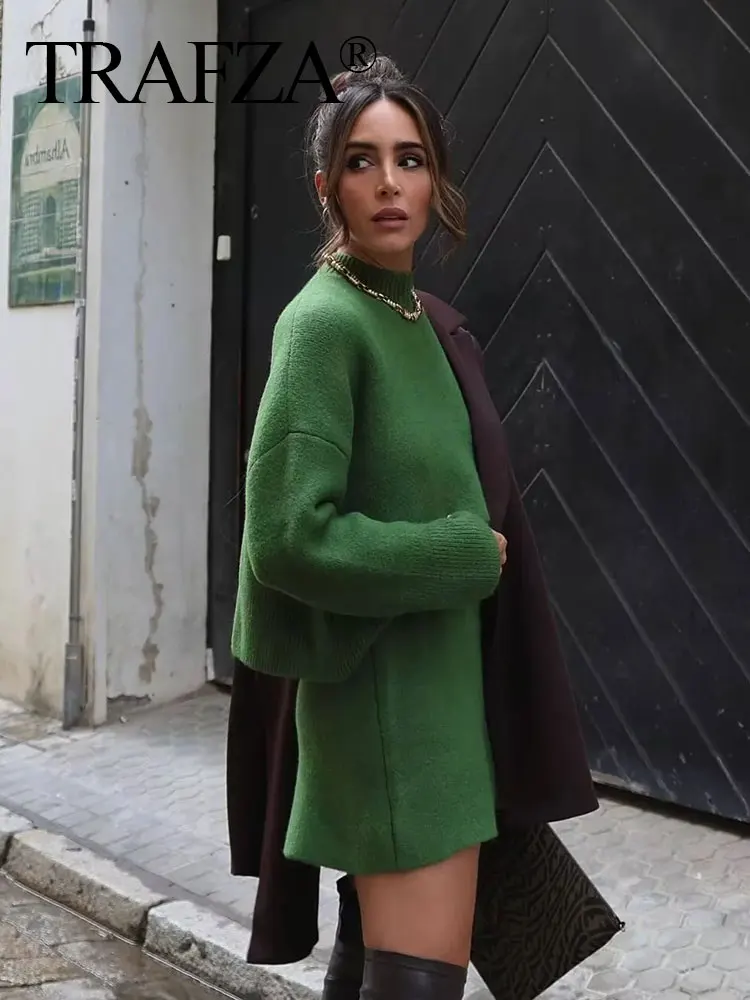 TRAFZA vrouwen Lente Groene Rokken Pak Lange Mouw O Hals Trui Pullover Top Vrouwen Elegante Effen Slanke A-lijn Mini rok Set