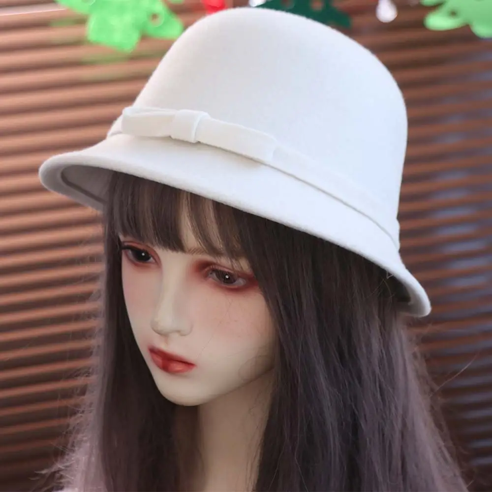 Fashion French Style Bow Tweed Hat Solid Color Autumn Winter Women's Bow Hat Bucket Cap Elegant Felt Bowler Hat Lady