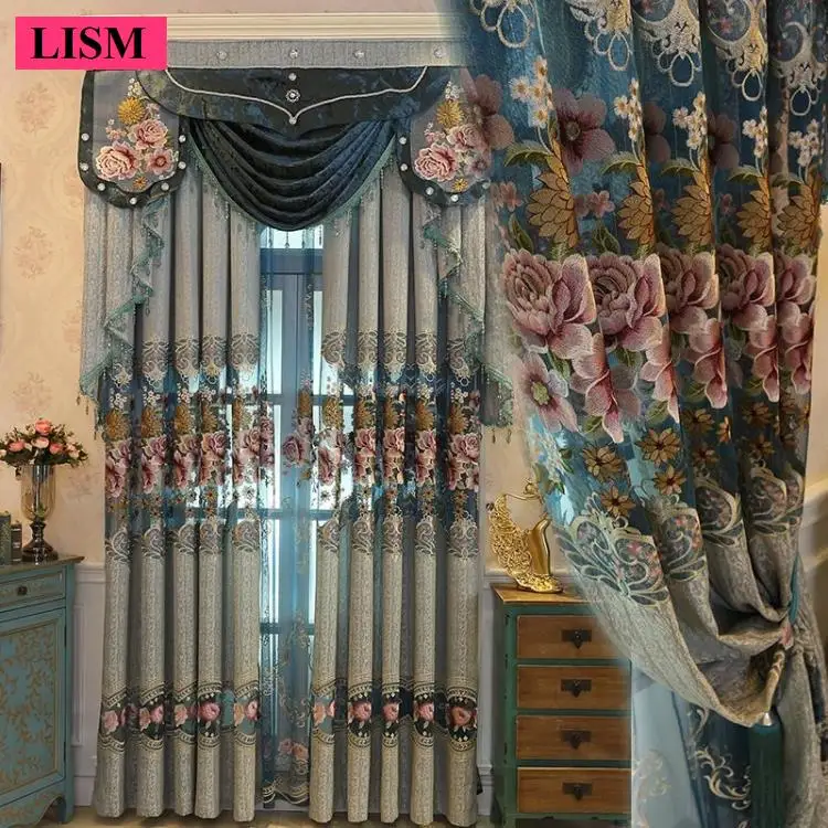 

American Embroidered Curtains European Flower Living Room Decor Window Screens Bedroom Hollow Curtain Blue Tulle Custom Valance