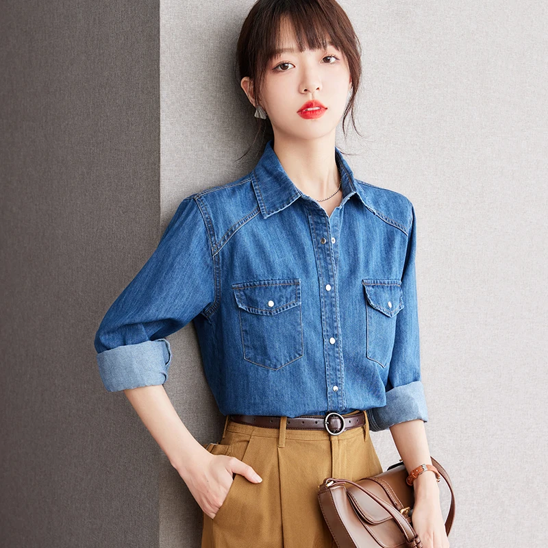 

Long Sleeve Lapel Blue Denim Shirt Women Tops Spring Autumn Elegant French Style Casual Loose Cowboy Blouse Office Lady D2548