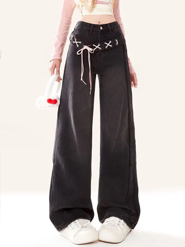 Women Kawaii Style Wide Leg Jeans Japanese Vintage Cutecore Coquette Shoujo Girl Pants Spring Clothes