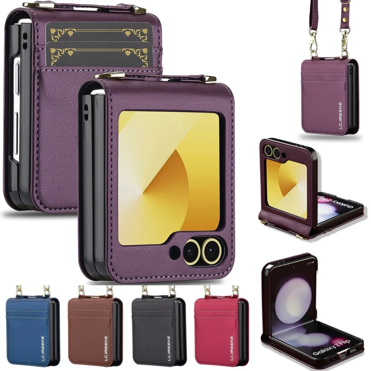 

Кожаный чехол-кошелек для Samsung Galaxy Z Flip 7 FE 6 5 4 3 5G Flip6 Flip7 с ремешком на руку и карманом на ремешке