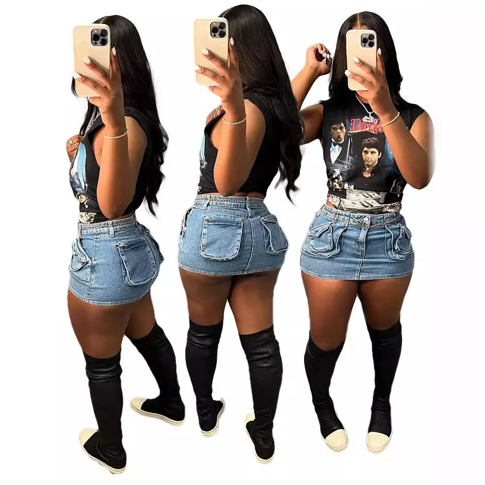 2024 Hot Selling Sexy Solid Color Slim Fit Elastic Denim With Buttocks Wrapped Jean Womens Short Mini Skirt