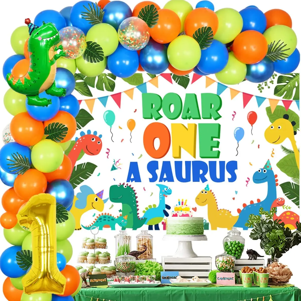 Dinosaur One A Saurus 1st Birthday Party Decoration Balloon Garland Kit with Backdrop for Roar First Birthday Supplies Boys Girl