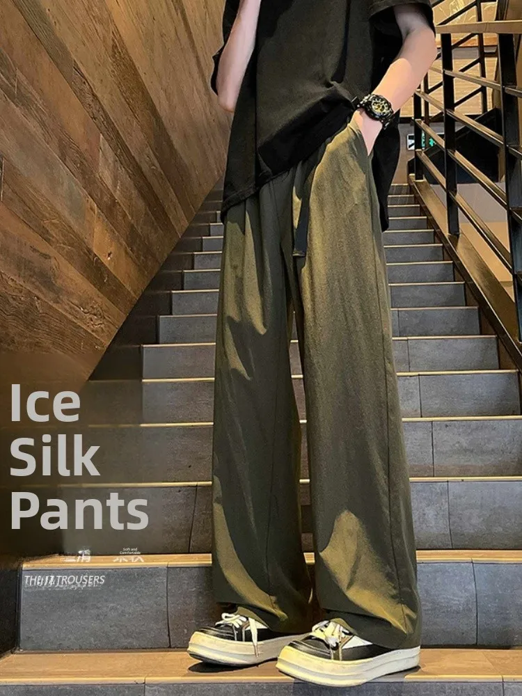 

Ice Silk Men's Summer Thin Wide Leg Casual Suit Pants Drapey Loose Fit Long Trousers Youth Faion Cool Sle Pure Color