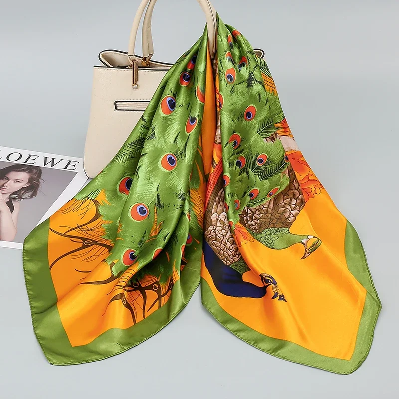 90*90cm lenços hijab moda feminina pavão padrão impressão cachecol feminino xales quadrados cabeça senhoras bandanna foulard silenciador menina