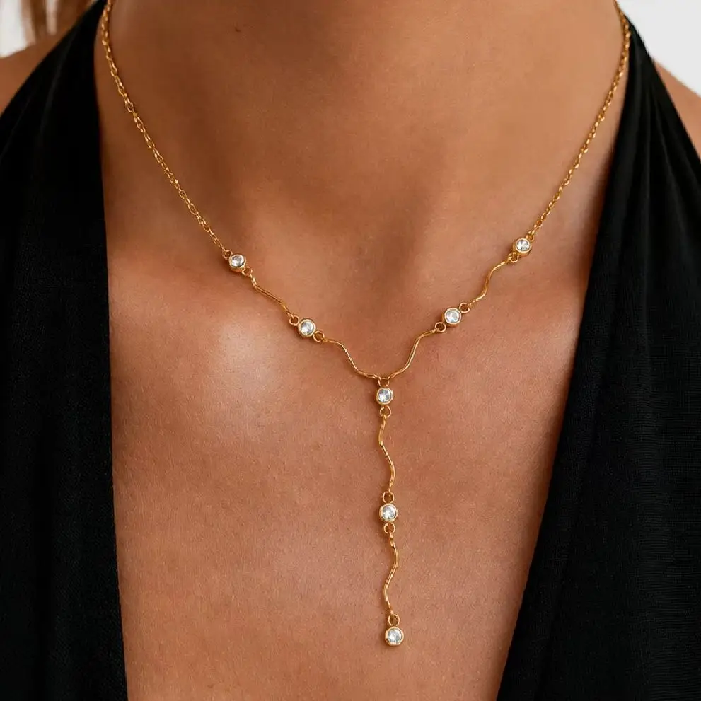 SHIXIN Exquisite Stainless Steel Zircon Long Pendant Choker Necklace Women New 18K Gold Plated Clavicle Chain Aesthetics Jewelry