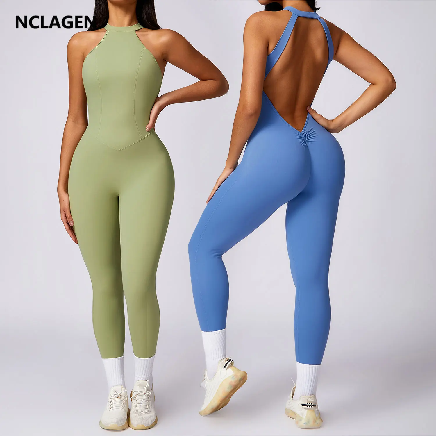 NCLAGEN Tights Jumpsuit Sports Women Scrunch Butt Lifting Gym Workout Romper Running Open Back Fitness One Piece Yoga Suit