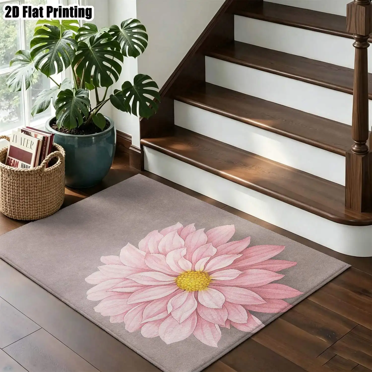 1Pc 2D Printed Pink Flower Nordic-Style Carpet, Instagram-Inspired Modern Minimalist Floor Mat, Home Decor, Multi-Size, Machine Washable, Suitable for Entrance, Dining Room, Foyer, Bedroom, Living Room