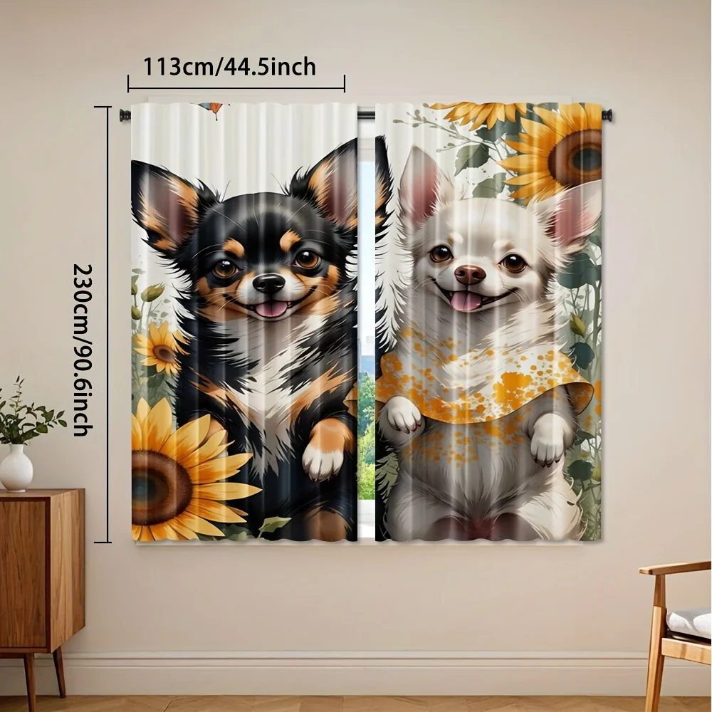 Chihuahua Sunflower Theme Print Drapes Room Darkening Window Curtains for Home Decor,Rod Pocket Blackout Curtains Bedroom