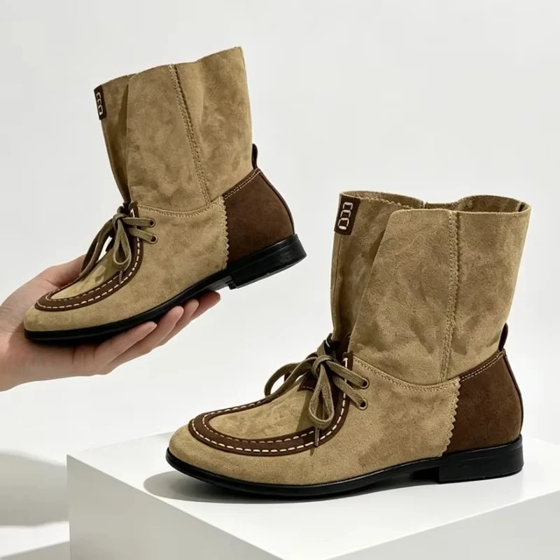 Vintage Faux Suede Women’s Ankle Boots Unique Topstitching Decorated Lace-Up Winter Boots Fashion Color-Blocking Modern Boots