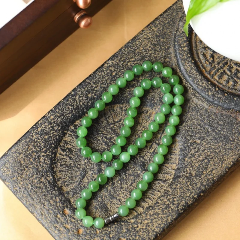 Hetian Jade Jasper Spinach Green Mother Chain Necklace