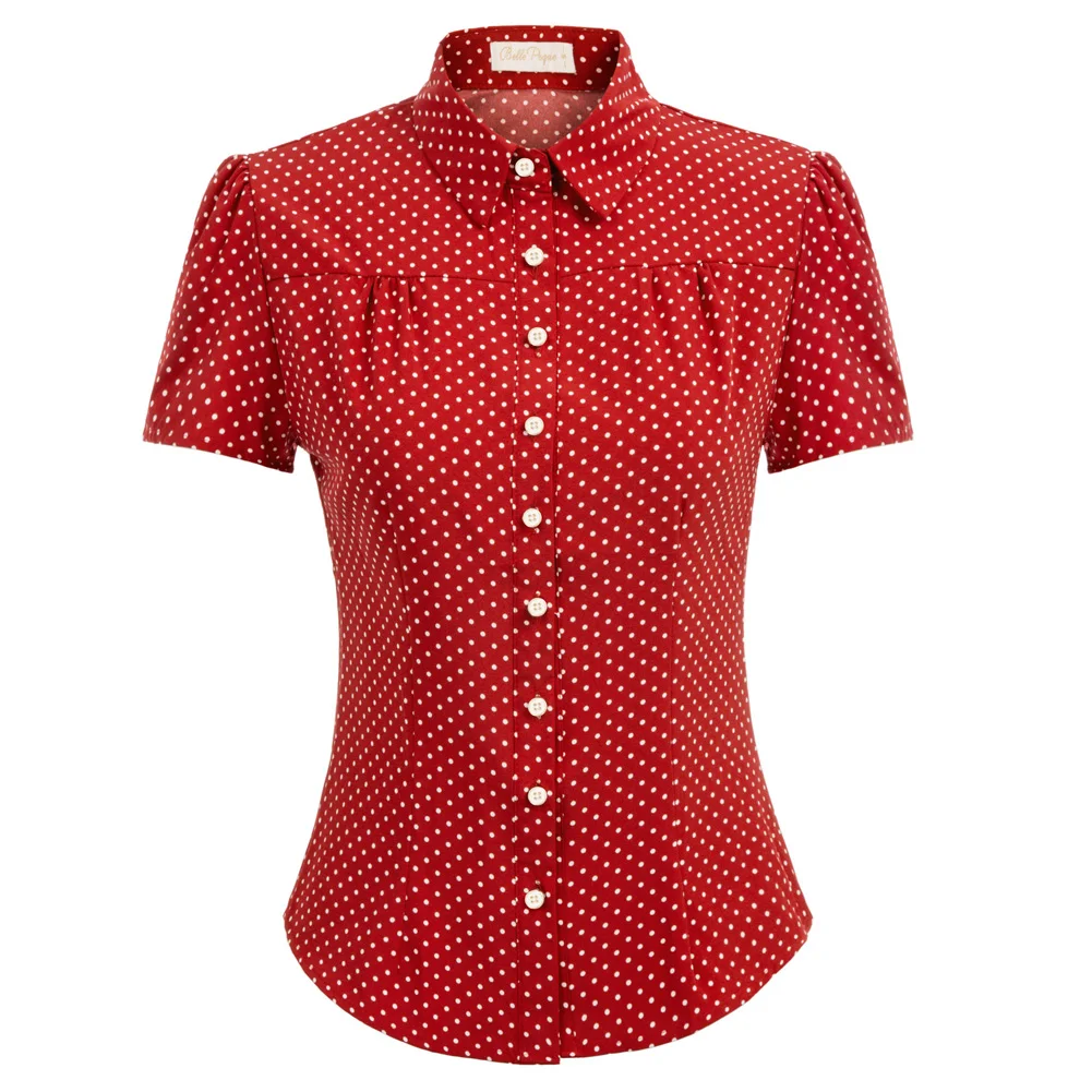 Women Shirt Retro Vintage Polka Dots Short Sleeve Shirts Summer Office Lady Casual Slim Design Square Collar Curved Hem Shirt