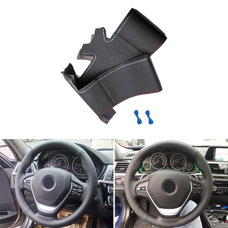 

Hand-stitched Car-styling Steering Wheel Perforated Microfiber Leather Cover Black-red blue line For BMW F20 F21 F22 F30 F31 F34
