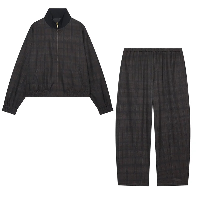 Guobioziy 2026 Autumn/Winter New Women's Set Deep Brown Plaid Long-Sleeve Loose Pilot Parka with Pants Casual Fashion Unique