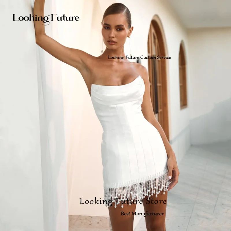 Elegant White Satin Short Wedding Dress Pleat Pearls Tassel Mini Bride Dress Sexy Backless Strapless Sleeveless Gown Customized image 2