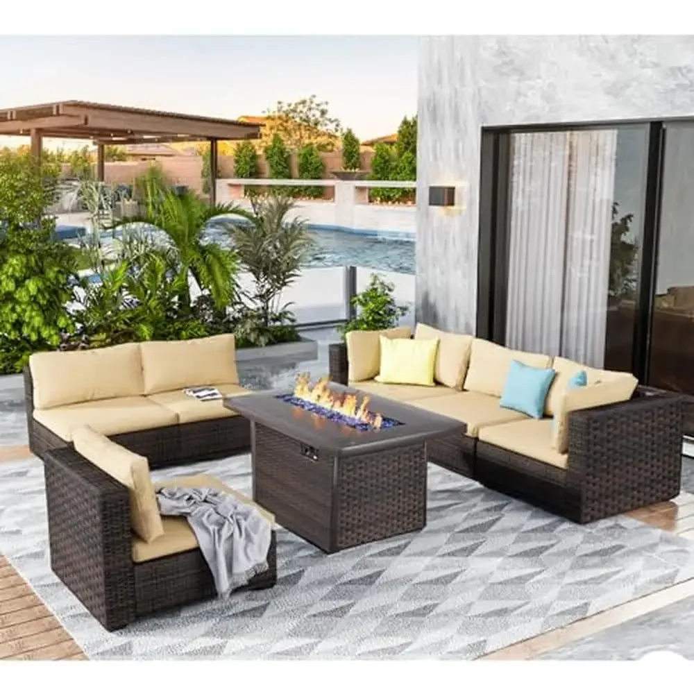 Outdoor Sectional Patio Furniture Set with Fire Pit Table PE Rattan Wicker Conversation Set High-Quality Cushions Durable