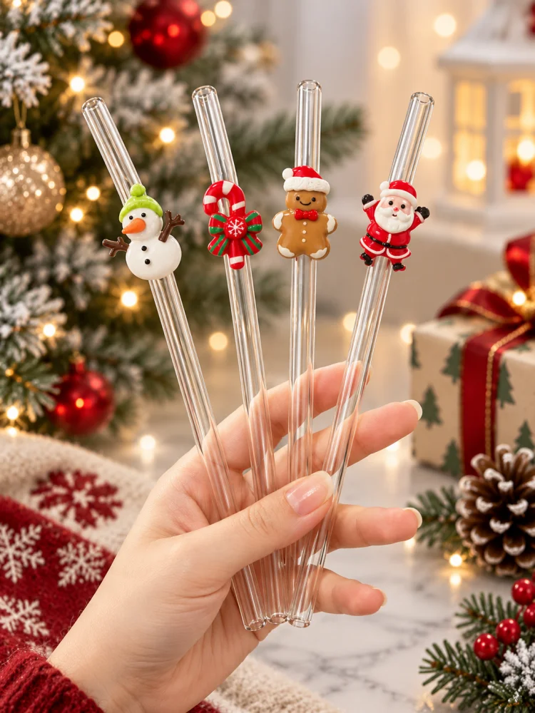 4PCS Reusable Bent Clear Glass Straw, Christmas Santa Snowman Candy Cane Decor, Party Gift for Drinks