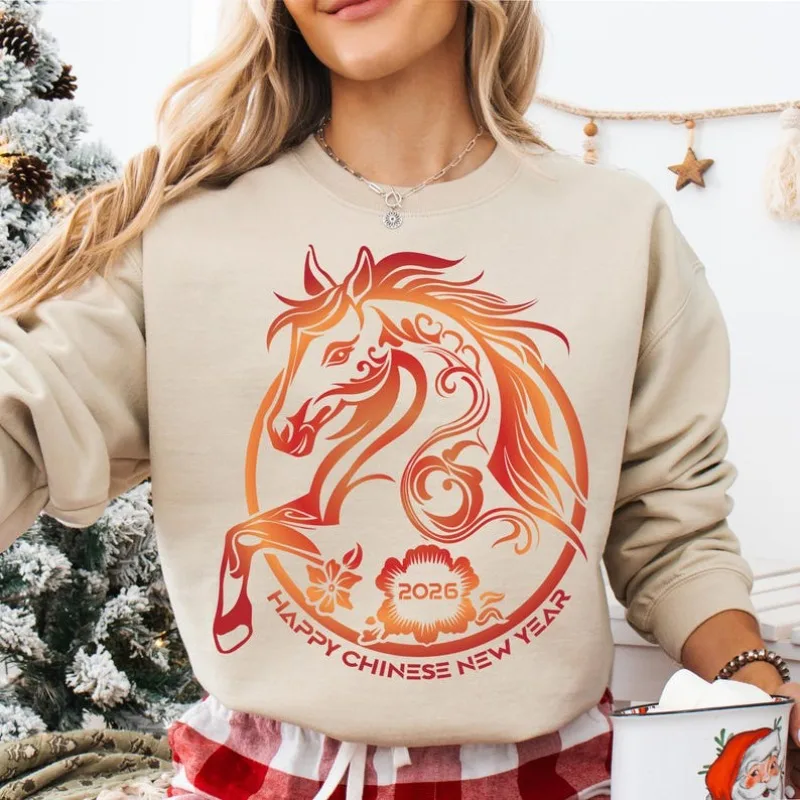 

Толстовка с китайским Новым годом, Новый год, год лошади 2026, забавный китайский зодиак, лунный семейный зимний праздник, термотолстовка с капюшоном, топ