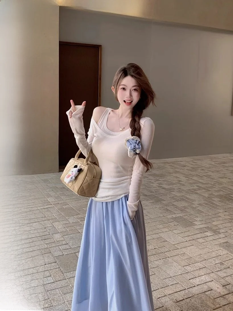 

Женский комплект из двух предметов: облегающая футболка с длинным рукавом и универсальный дышащий топ из полиэстера для осеннего сезона