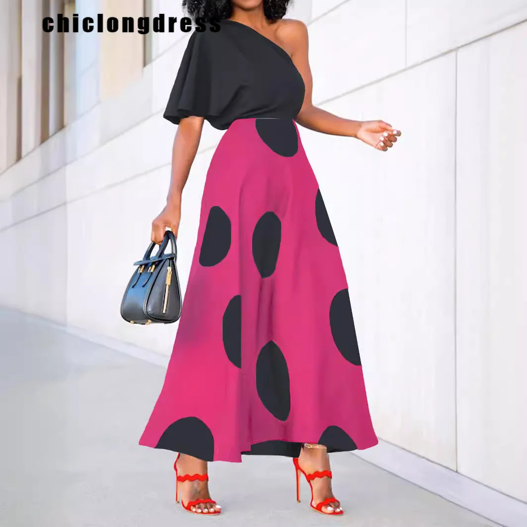 

Summer Fashion Colored Polka Dot Dress Women Sexy Off Shoulder Single Sleeve High Waist A-line Dress Women