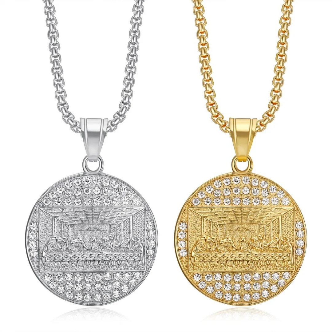 

Religion The Last Supper Pendant Gold Silver Color Stainless Steel Tennis Chain Zirconia Round Necklace for Woman Man Jewelry