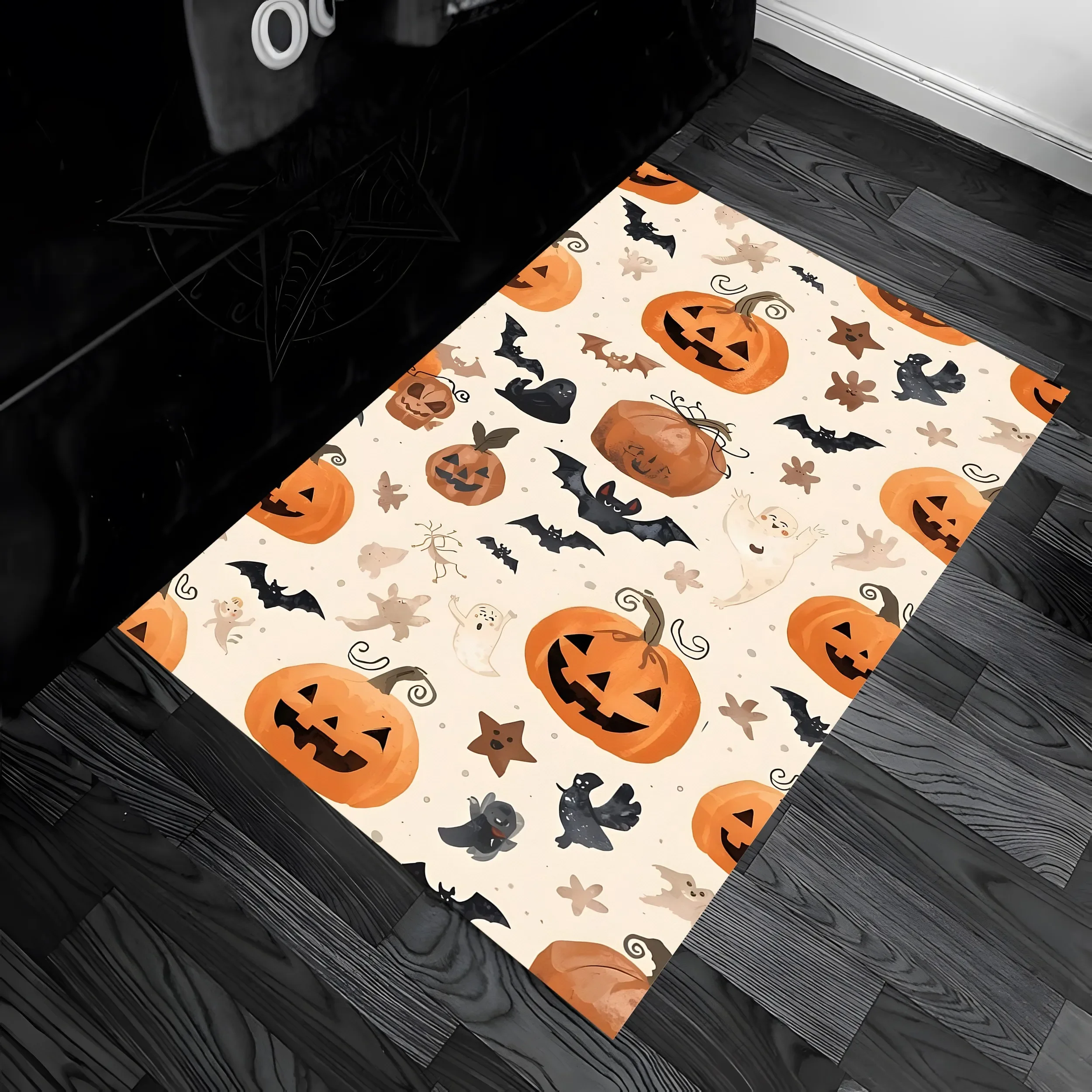 Velvet Cartoon Pumpkin Bat Halloween 2D Rug for Living Room, Bedroom and Party, Autumn/Winter
